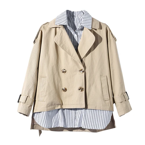Хаки Autumn and Winter New Windbreaker Women Fashion Waistband Striped Shirt Splicing Fake Two Lace Up Double Row Button Cotton Coat - Цвет: Хаки
