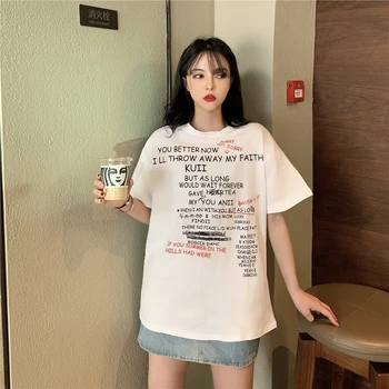

Letter Print Summer tshirts Women O-Neck Short Sleeve Casual Cotton Top Tees Streetwear Korean Vintage Shirts Oversized W865
