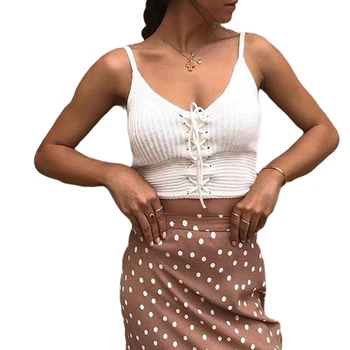 

2020 Women's Knit Tank Top Casual Spaghetti Strap V Neck Sleeveless Lace Up Crop Cami Top Slim Fit Boadycon White Camis