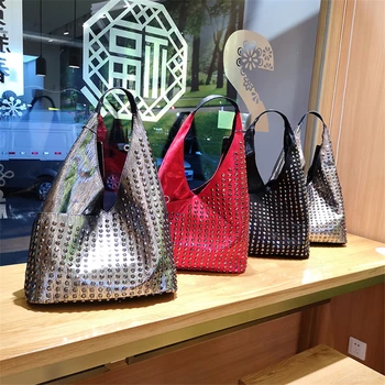 

Women Totes Luxury Shoulder Bags 2pcs Bags Set Sequins Black 2019 New Women Leather Punk Handbags Rivets Ladies Crossbody Bags