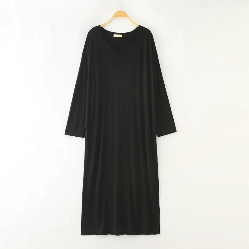 Women Split Nightgowns Solid Long Sleeve Loose Homewear Modal Nightdress V-Neck Homewear Large Size Long Night Dress