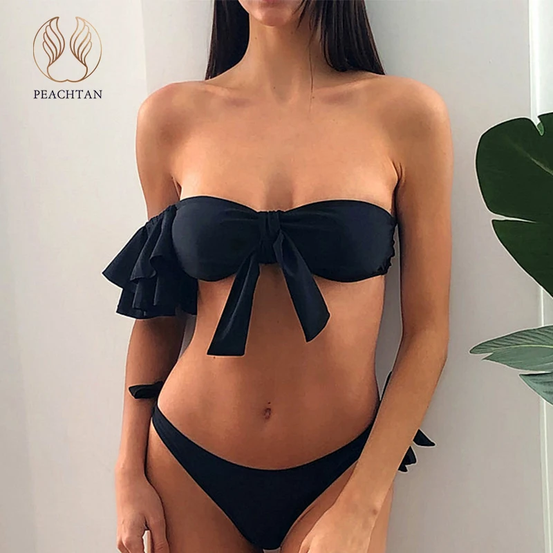 Peachtan, сексуальное бикини на одно плечо,, mujer, купальник с оборками, женский купальник с бантом, женский купальник с высокой посадкой, микро бикини, Новинка