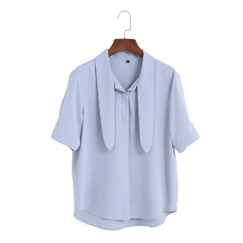 Chiffon Blouse Ladies Bow Collar Short Sleeve Summer New Leisure Blusas Mujer De Moda White Blue and Violet Color