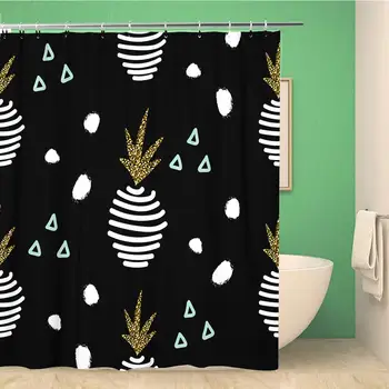 

Bathroom Shower Curtain Yellow Black Scandinavian Striped Pineapple Gold Collection Modern Shimmer Polyester Fabric 72x72 inches