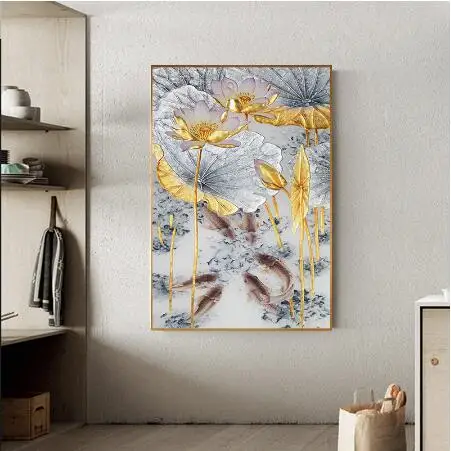 Золотой лотос рыбок пейзаж холст Paintin искусство Квадро китайский стиль декор настенные картины для гостиной прохода
