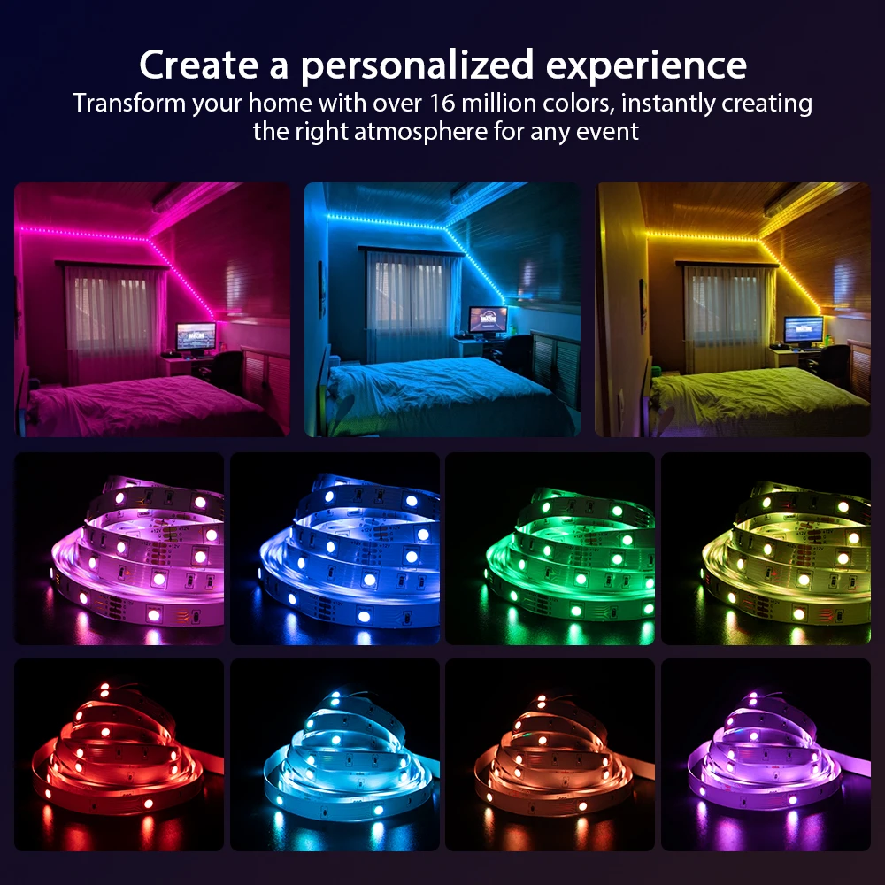 ColorRGB LED 스트립 조명, 블루투스 원격 제어, 음악 동기화, 색상 변경 LED 조명 스트립, 방 홈 데코