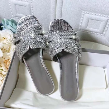 

Sexy flip flops Flats Rhinestone Women Slippers Gold Crystal Shoes Summer Orange green Flat Sandals Mules Runway Beach Shoes