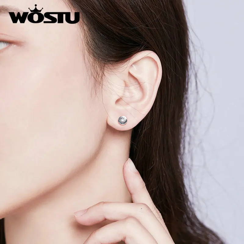 WOSTU, натуральная 925 пробы, серебряные солнечные круглые серьги-гвоздики для женщин, свадебные маленькие серьги, модные серебряные ювелирные изделия FIE734