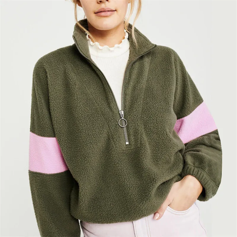 

Women Sweater Top Winter Pullovers Long Sleeve Fleece Pullovers Female Top Zipper Patchwork Sweaters Windproof Casual Sweater