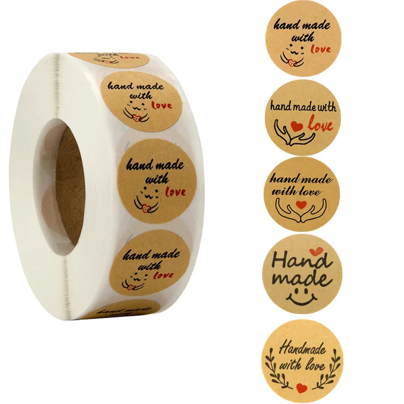 

Multi-styles 500pcs/roll Round Natural Brown Kraft Handmade with Love Sticker Scrapbooking Wedding Baking Gift Businesses Labels