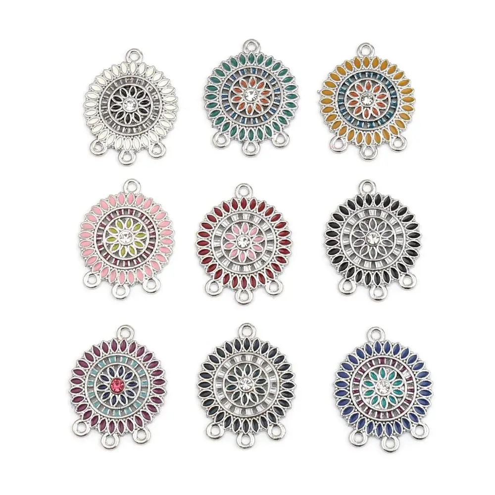 

8Seasons Bohemian Ethnic Buddhism Mandala Connectors Round Silver Color Pendants Multicolor Enamel Rhinestone DIY Jewwlry,10PCs
