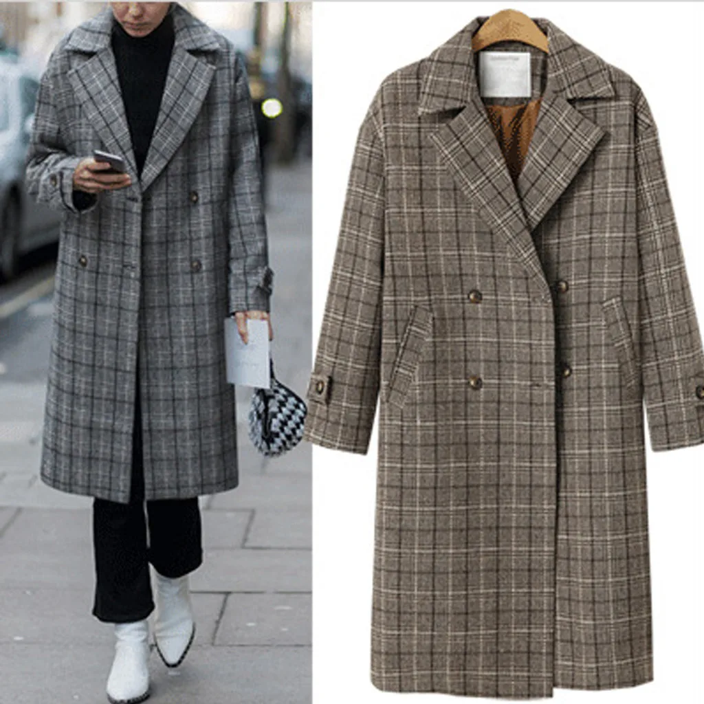Women Jacket Fashion Woman Plus Size Fashion Women Plaid Double-Breasted Buttoning Long Sleeve Jacket Coat Overcoat#40