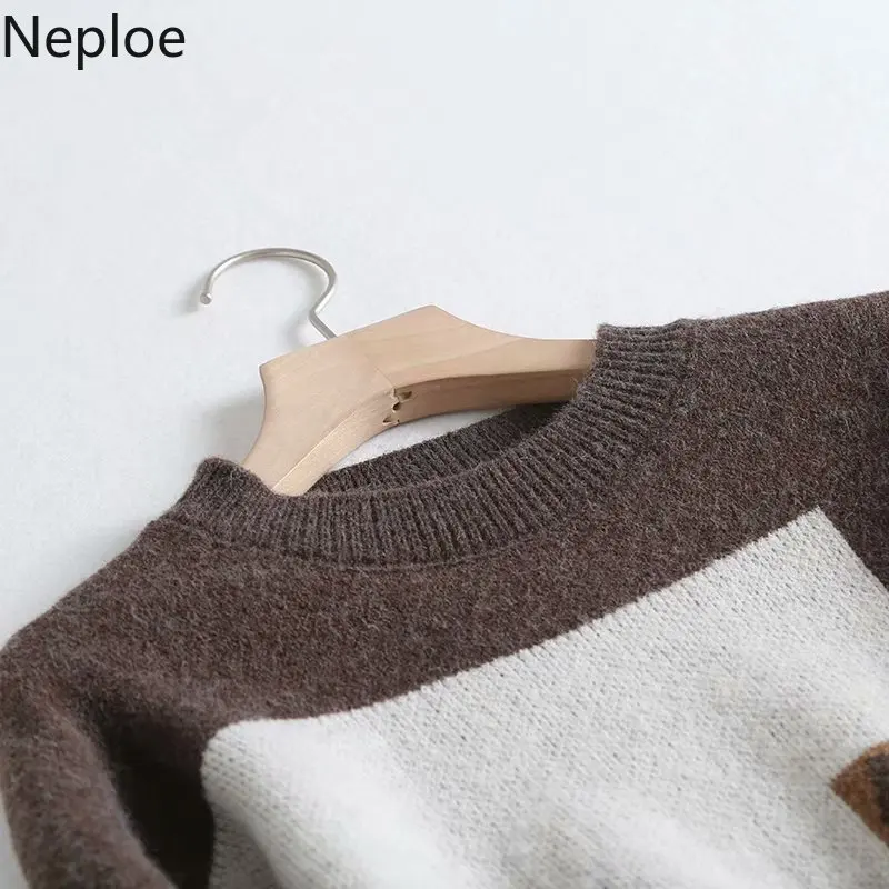 Neploe, пуловер с круглым вырезом, свитер для женщин, свободный, Леопардовый узор, пэчворк, Pull Femme, контрастный цвет, вязаный джемпер, Sueter, зима 48050