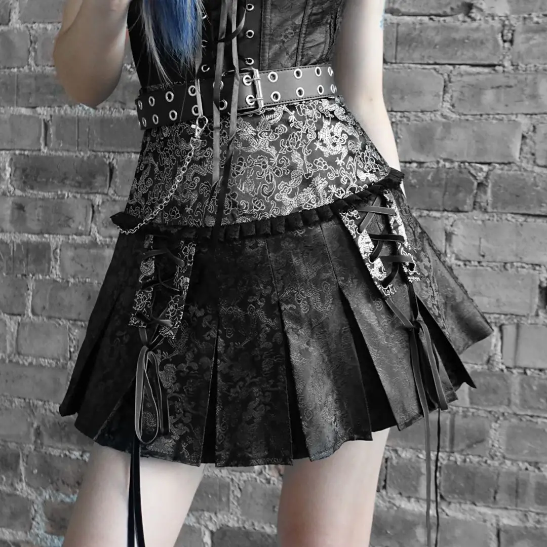 Original Design Gothic Dragon Series High Waist Lace-up Mini Skirt Punk Girls Pleated Skirt