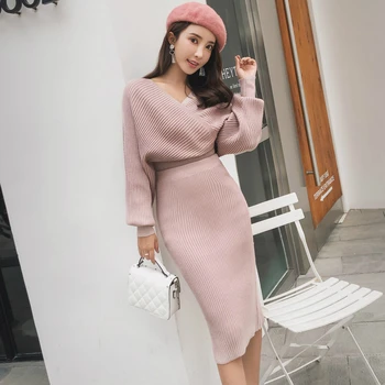 

Solid Puff Sleeve Fall Sweater and Package Hip Skirt Ladies Pink 2 Piece Set Modis Streetwear Korean Style Knitted Two Piece Set