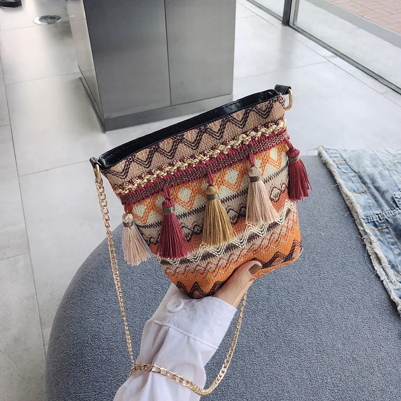 

New Arrival Bag Women's 2019 New Style Fashion Weaving Tassels Bucket Bag Korean-style CHIC Chain Crossbody Bag