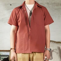 Red Tornado Men Cuban Collar Shirts Retro Plain Short Sleeved Tee Shirts Boxy Fit 2