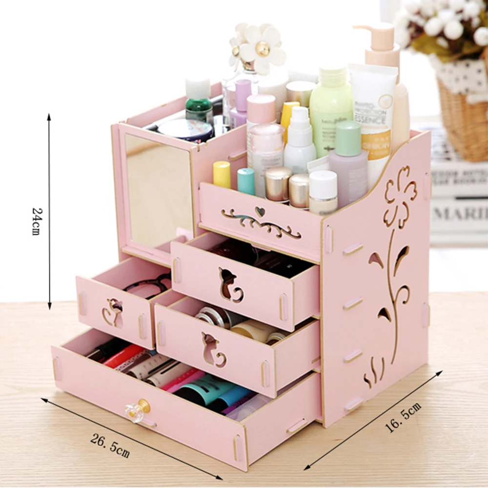 

Storage Box Desktop Makeup Organizer Assembly Wooden Cosmetic Storage Box Large Capacity Jewelry Container Organizer with Mirror