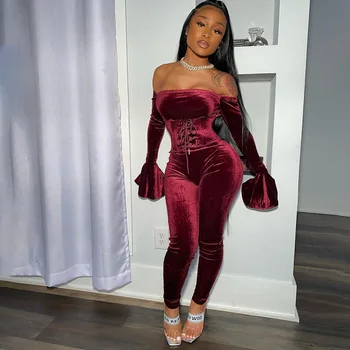 

Women's Velvet Off Shoulder Two Piece Set Plus size Autumn Slim Sexy Club 2 Piece Sets 2020 Long Sleeve Solid Party Suit Female