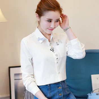 

6039 Embroidered White Shirt Women Long Sleeve Korean-Style 2020 Spring Versatile Casual Student Uniform Loose Tops