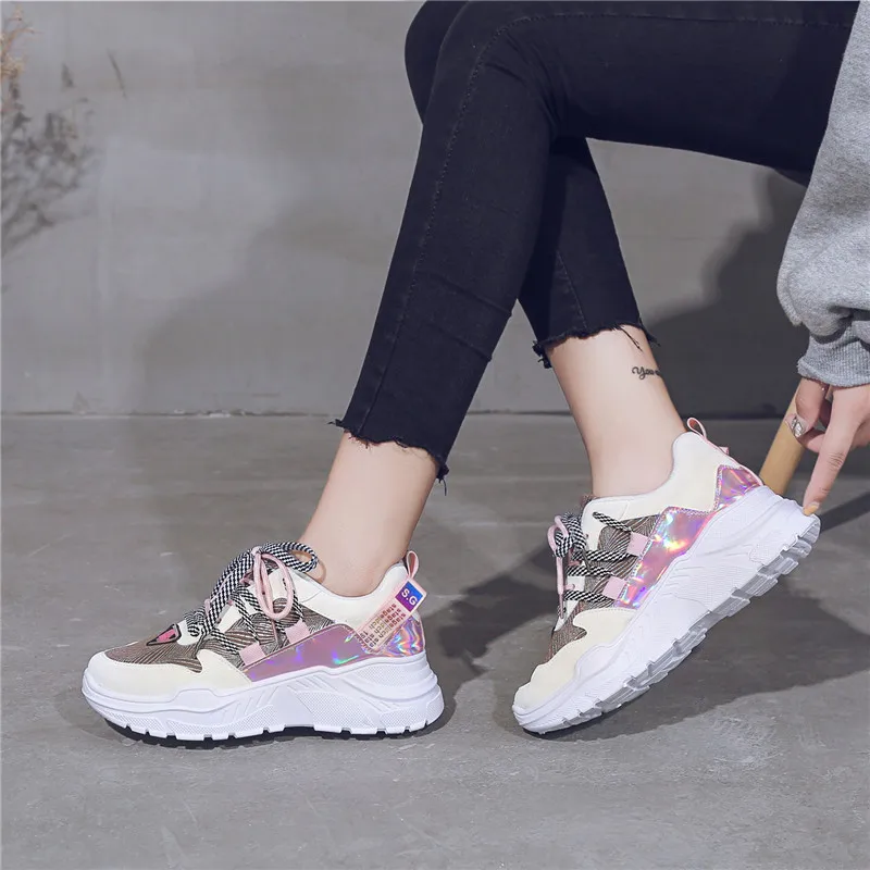 

Women Sport Sneakers Thick Platform 4CM Round Toe Mixed Color Female Dad Sneakers Yellow Pink Orange Chunky Sneakers Women