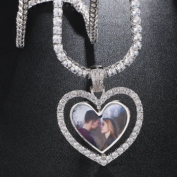 

Hip Hop Custom Made Photo Heart Rotating Double-sided Iced Out Bling Cubic Zircon Necklace&Pendant For Men Jewelry Tennis Chain