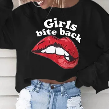 

2019 New Fashion Lip print top irregular hem round neck long sleeve nightclub clothing Female Sexy Casual Top Sexy Short Tee