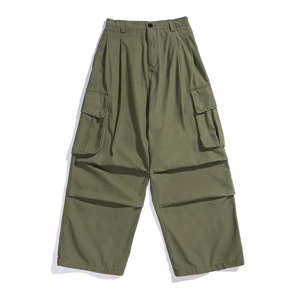 Multi-Pocket Cargo Pants Mens Safari Style Solid Color Pleated Loose Straight-leg Pants Elastic Waist Casual Trousers Men
