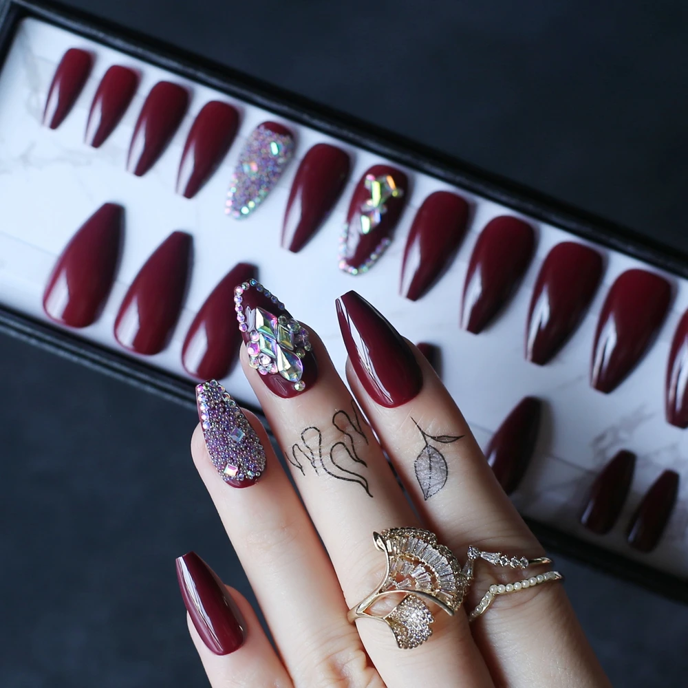 

Glossy Coffin Gel Burgundy Fake nails Coffin Vampire color Short Ballet Advanced crystal design finish product Custom logo box