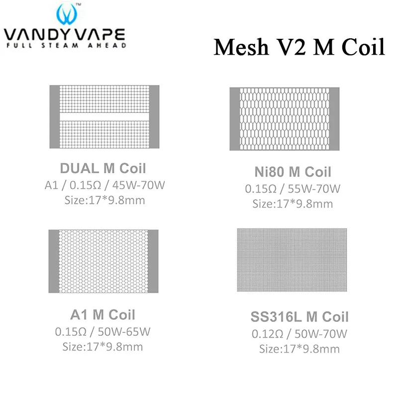 10 шт./лот Vandy Vape Mesh V2 RDA Coil 0.15ohm A1 / Ni80 Dual M 0.12ohm SS316L для атомайзера | Электроника