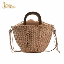 Summer Beach Straw Rattan Shoulder Bucket Crossbody Bags with Short Wooden Handle 2021 Luxury Brand Ladies Handbags and Purses