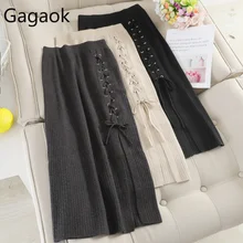 Gagaok, женская трикотажная юбка в консервативном стиле, весна-осень, новинка, однотонная, на шнуровке, в стиле ампир, прямая, стрейч, облегающая, женская мода, юбки