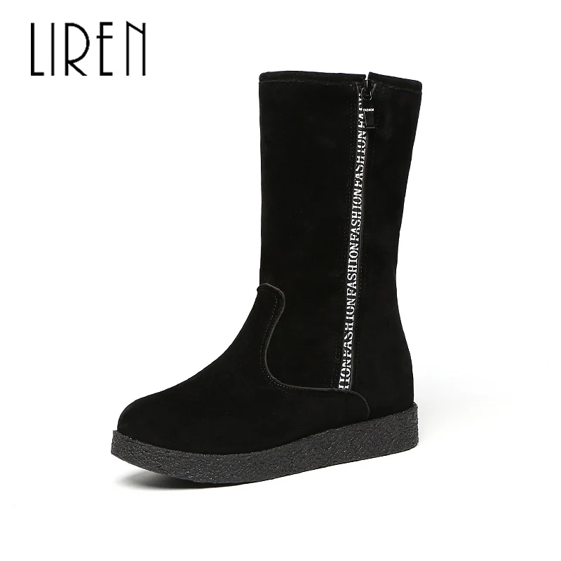 

Liren 2019 Winter Women Flock Mid-Calf Zip Boots Comfortable Women Keep Warm Boots Round Wrapped Toe Flat Heels Lady Boots