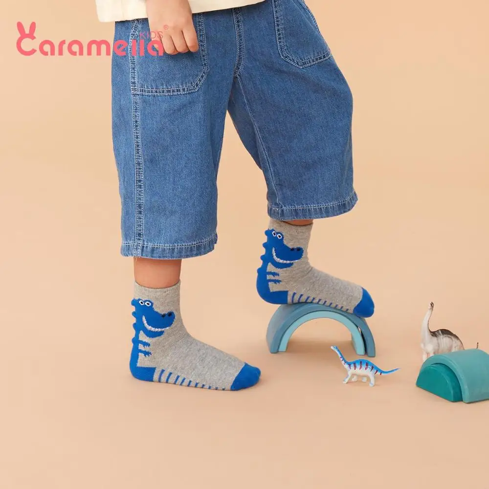 Caramella/новые хлопковые детские носки в полоску с динозавром Новинка, короткие зимние плотные носки для маленьких мальчиков Забавные милые крутые детские носки для детей возрастом от 1 года до 12 лет