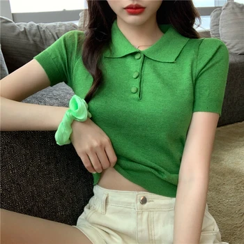 

Vintage Turn-down Collar Short Sleeve Knitted T-shirts Girls Solid Stretchy Crop Tops Thin Knitwear For Women