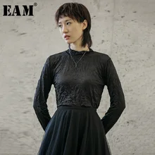 [EAM] Женская короткая темпераментная футболка с разрезом, новая модная футболка с длинным рукавом и стоячим воротником, весна-осень, 1H720