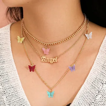 

Fashion Multilayer Choker Letter Angel Necklace Acrylic Butterfly Long Necklaces 2020 Gold Necklace for Women Girl Party Jewelry