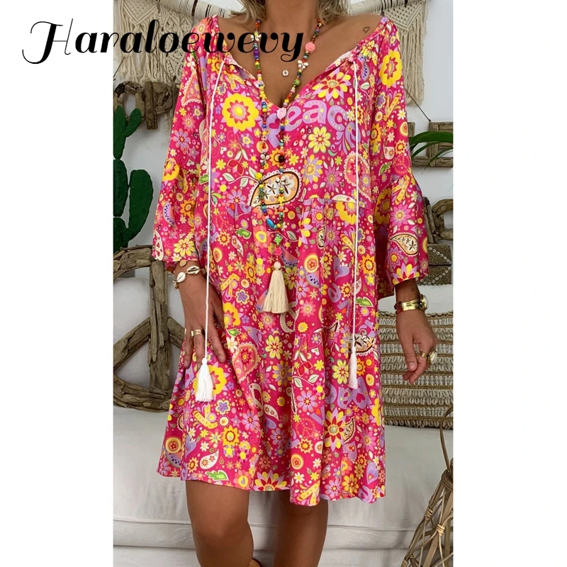 Рукав Лето Свободное платье тонкий Boho Пляжные наряды Для женщин Туника Повседневное галстук-бабочка с v-образным вырезом платье миди с цветочным принтом размера плюс 5XL