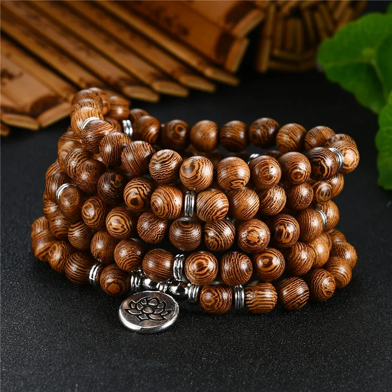 Prayer Beads Bracelet 108 Tibetan Buddhist Rosary Charm Mala Meditation Flower of Life Lucky Wenge Wooden Bracelet For Women Men 4
