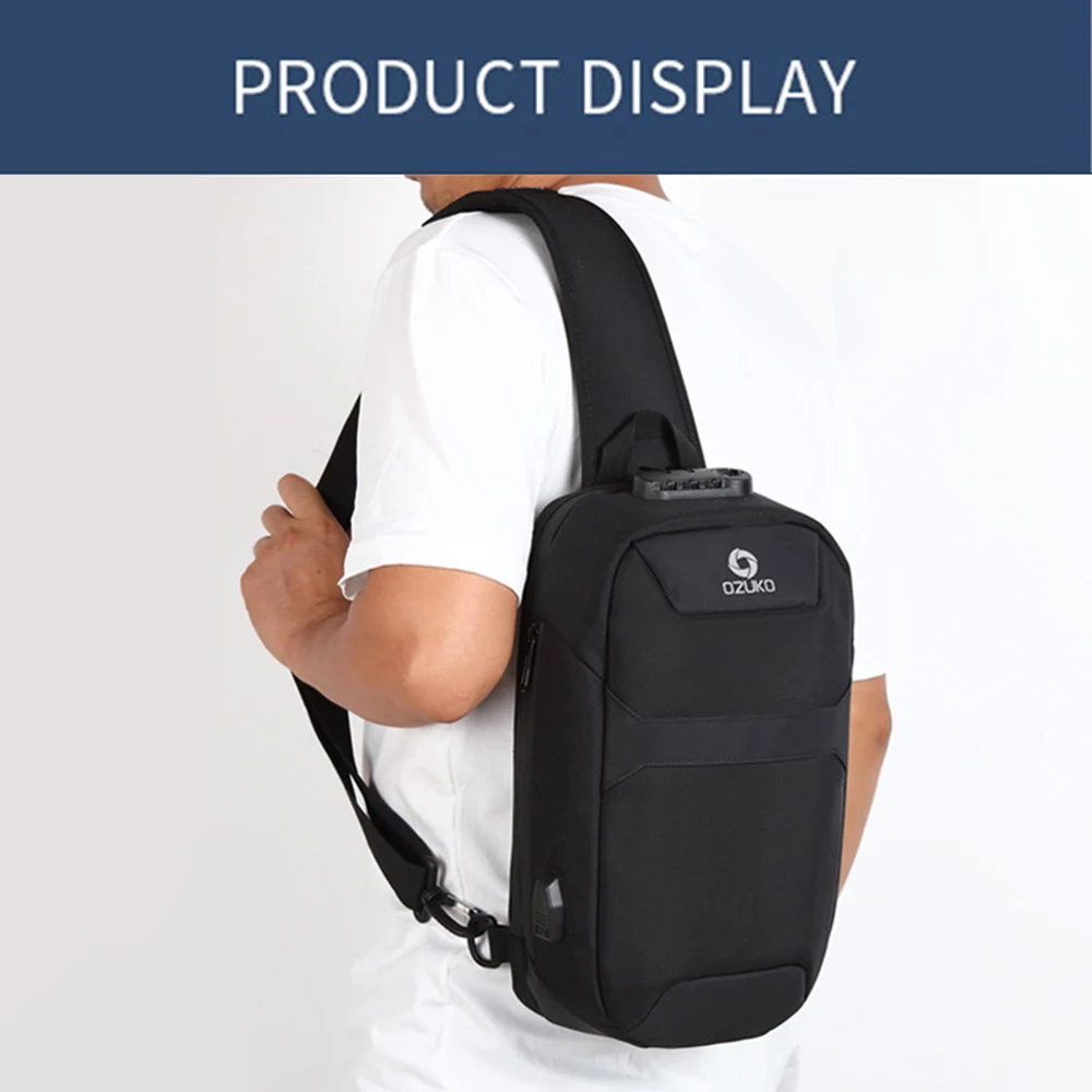 ozuko Portable Fashion Large Capacity Multi-Function Man Chest Bag Waterproof Anti-Theft USB Charge Port Chest Pack With Lock