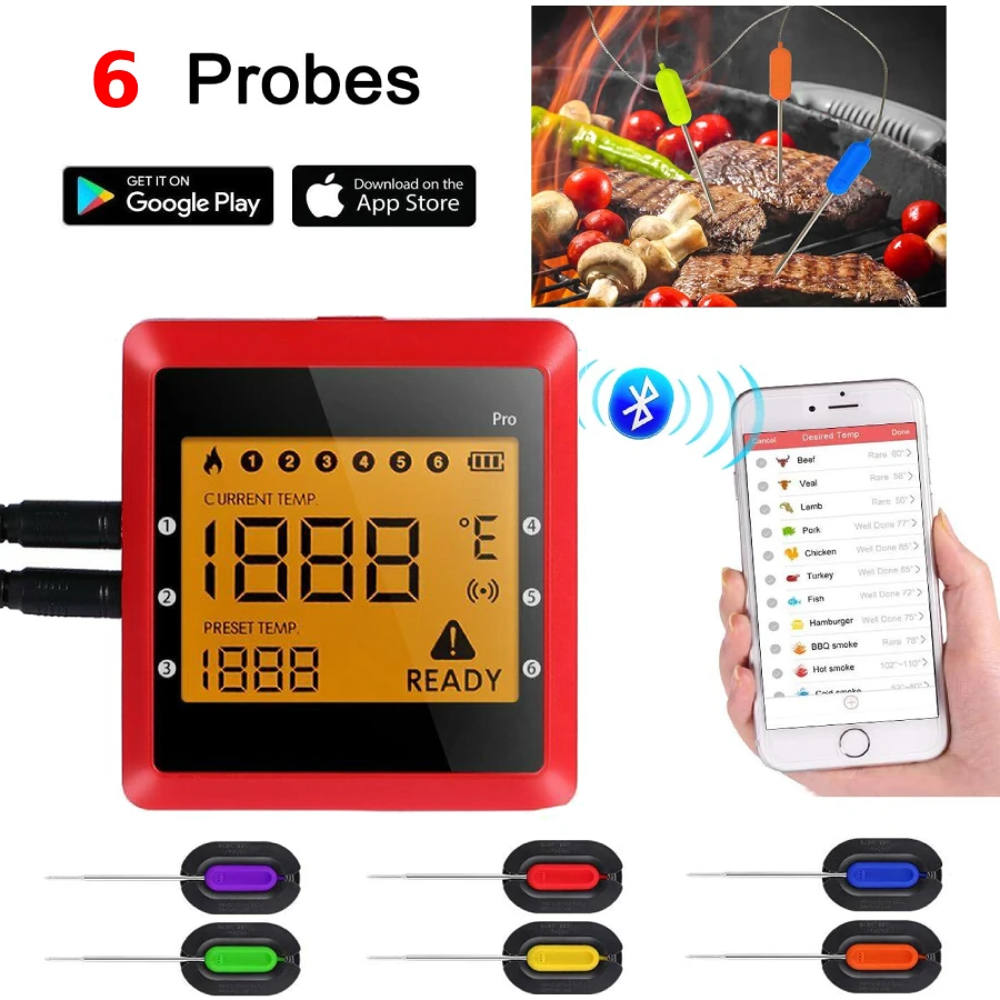 

Meat Thermometer, Bluetooth Grilling Cooking Thermometer with 6 Probes, Wireless Remote Digital Thermometer for Oven Kitchen Par