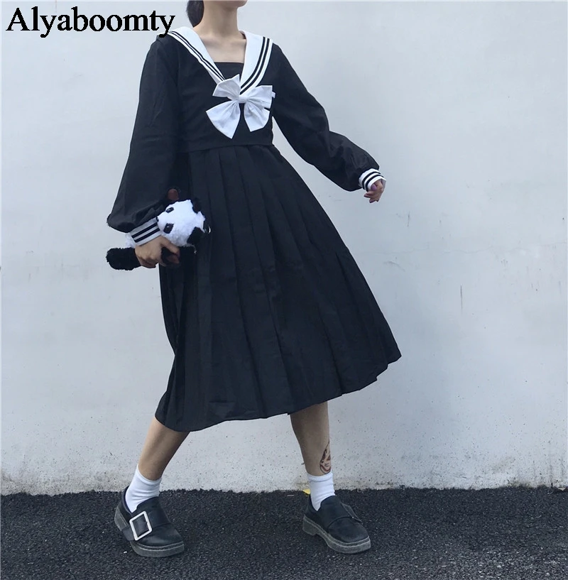 Японское Harajuku женское осеннее черное миди платье с матросским воротником и