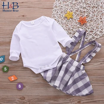 

Humor Bear New Spring Autumn Baby Girls Clothing Sets Cotton Long sleeve Jumpsuit+Strap Plaid Skirt 2Pcs Toddler Kids Suit