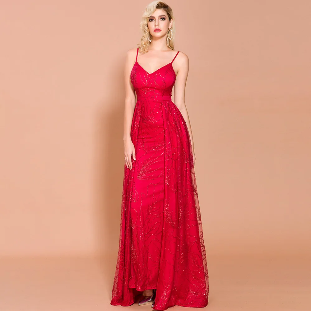 

Dressv Red Evening Dress Spaghetti Straps V Neck Elegant Mermaid Floor Length Wedding Party Formal Evening Dresses