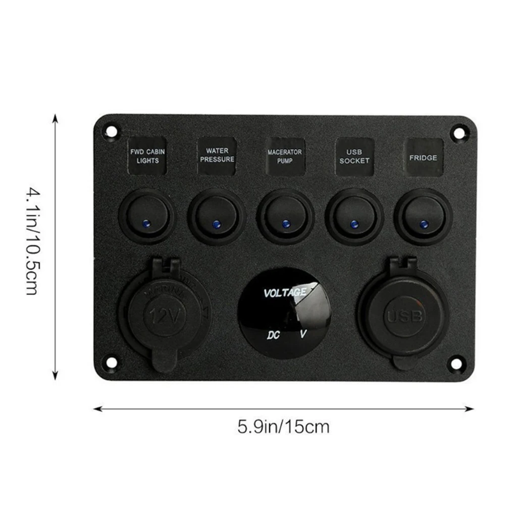 5 Gang LED Rocker Control Panel Switch Circuit Charger 12/24V-Yacht RV Car 