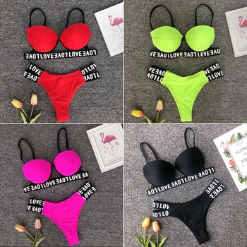 

Neon bikini 2020 Sexy sports swimwear women Push up bikini set Letter bathing suit Bandage bathing suit Beach wear bathers