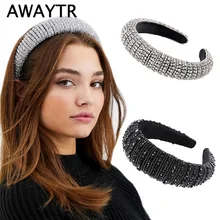 AWAYTR, Роскошные Блестящие Серебряные стразы, повязка на голову для женщин, мягкий ободок для волос, черный, серебристый, широкий головной убор, аксессуары для волос AWAYTR, Роскошные Блестящие Серебряные стразы, повязка на голову для женщин, мягкий ободок для волос, черный, серебристый, широкий головной убор, аксессуары для волос