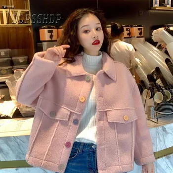 

Winter 2019 New Korean Loose Women Coat Thick Preppy Style Imitation Lambswool Fashion Female Outwear