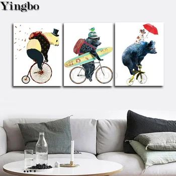 

Cartoon bear riding bicycle 3pcs set diamond painting full novelty 5d cross stitch mosaic beadwork embroidery 100% circle drill