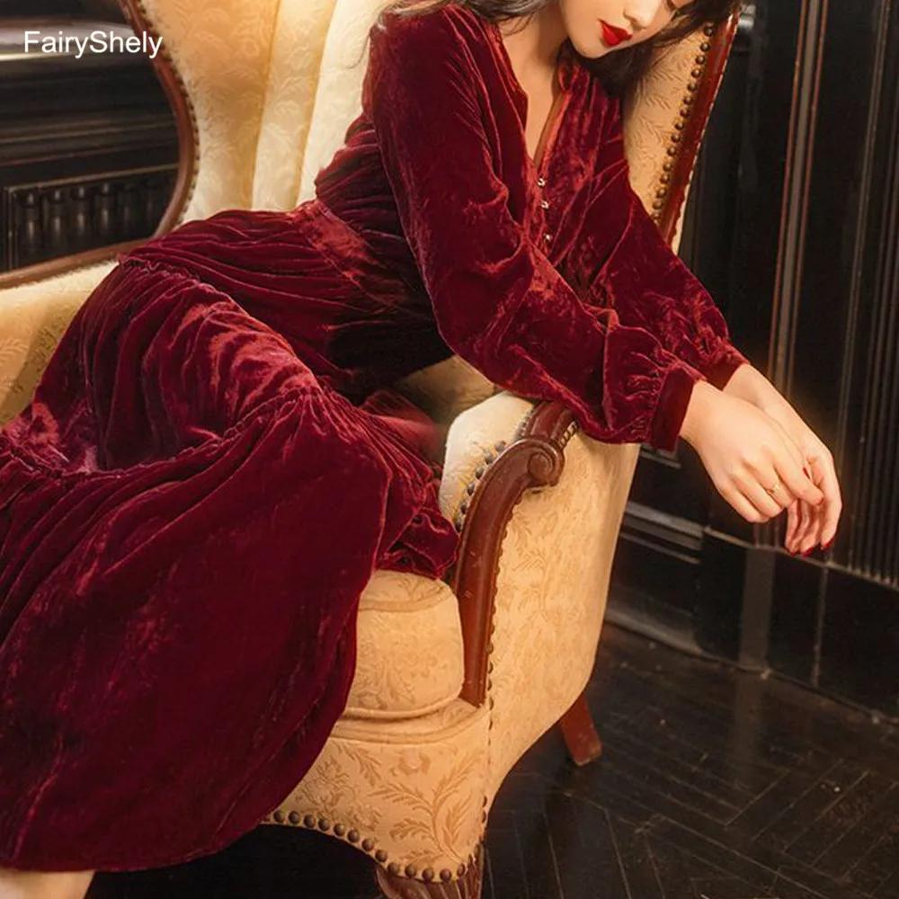FairyShely Vintage Velvet Long Dress 2020 Women